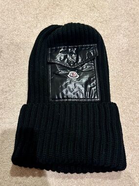 Moncler black beanie with snap pocket